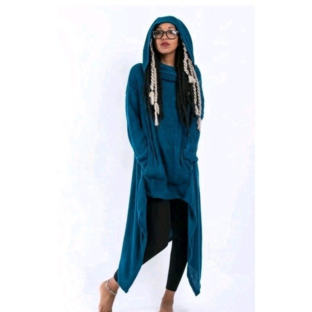 Boho Pixie Extra Long Hooded Sweater Aqua‎ Blue One Size Kangaroo Pocket  Lagan